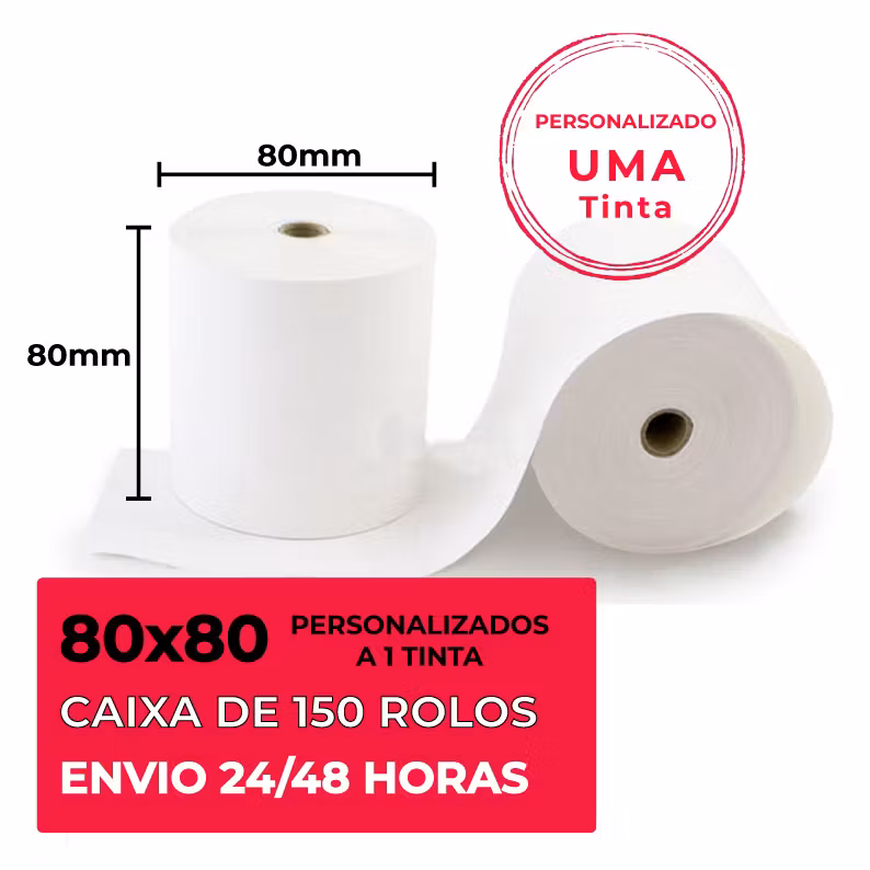 150 Rolos Papel Térmico 80×80 Personalizados 1 Tinta