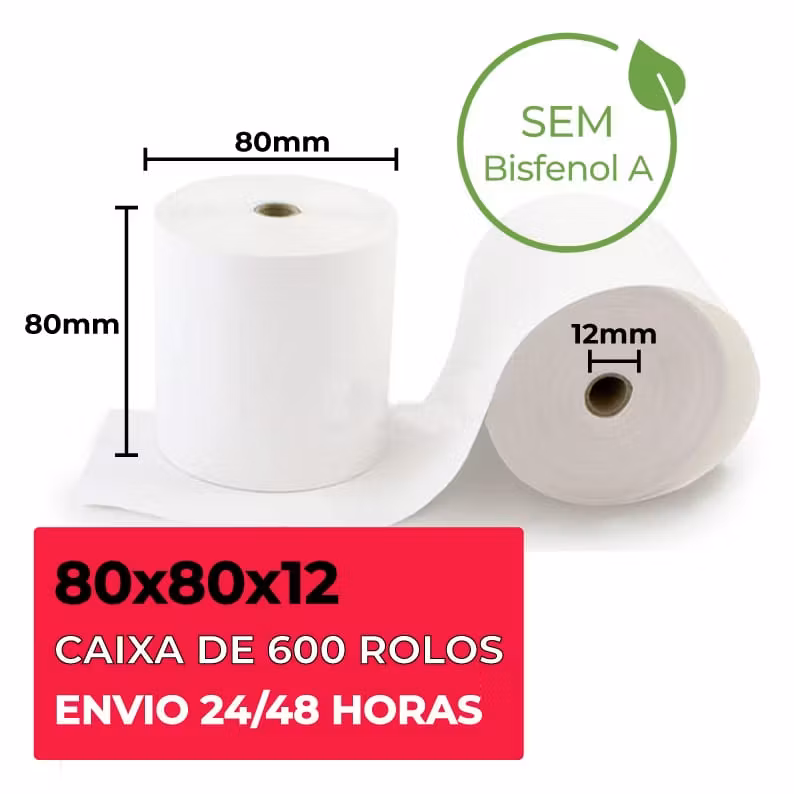 600 Rolos Papel Térmico 80x80x12 Sem Bisfenol A