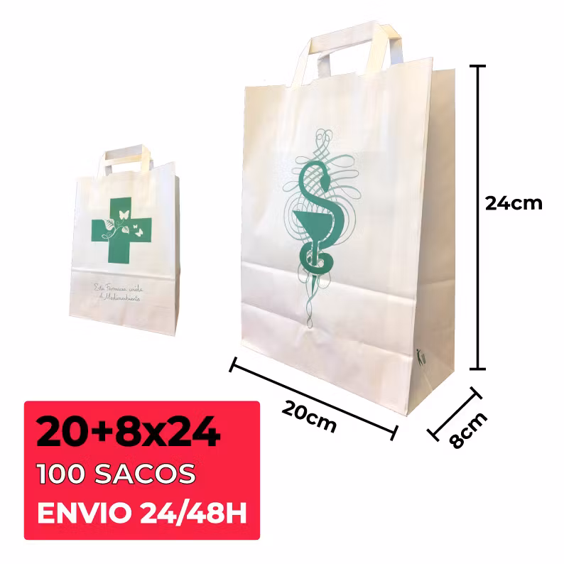 100 Sacos de Papel para FARMÁCIA com Alça Plana medidas 20+8×24 cm