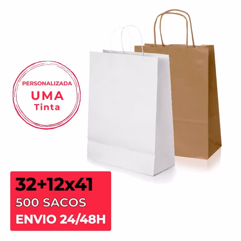 500 Sacos Personalizados Alça Enrolada Kraft/Branco 32+12×41 cm